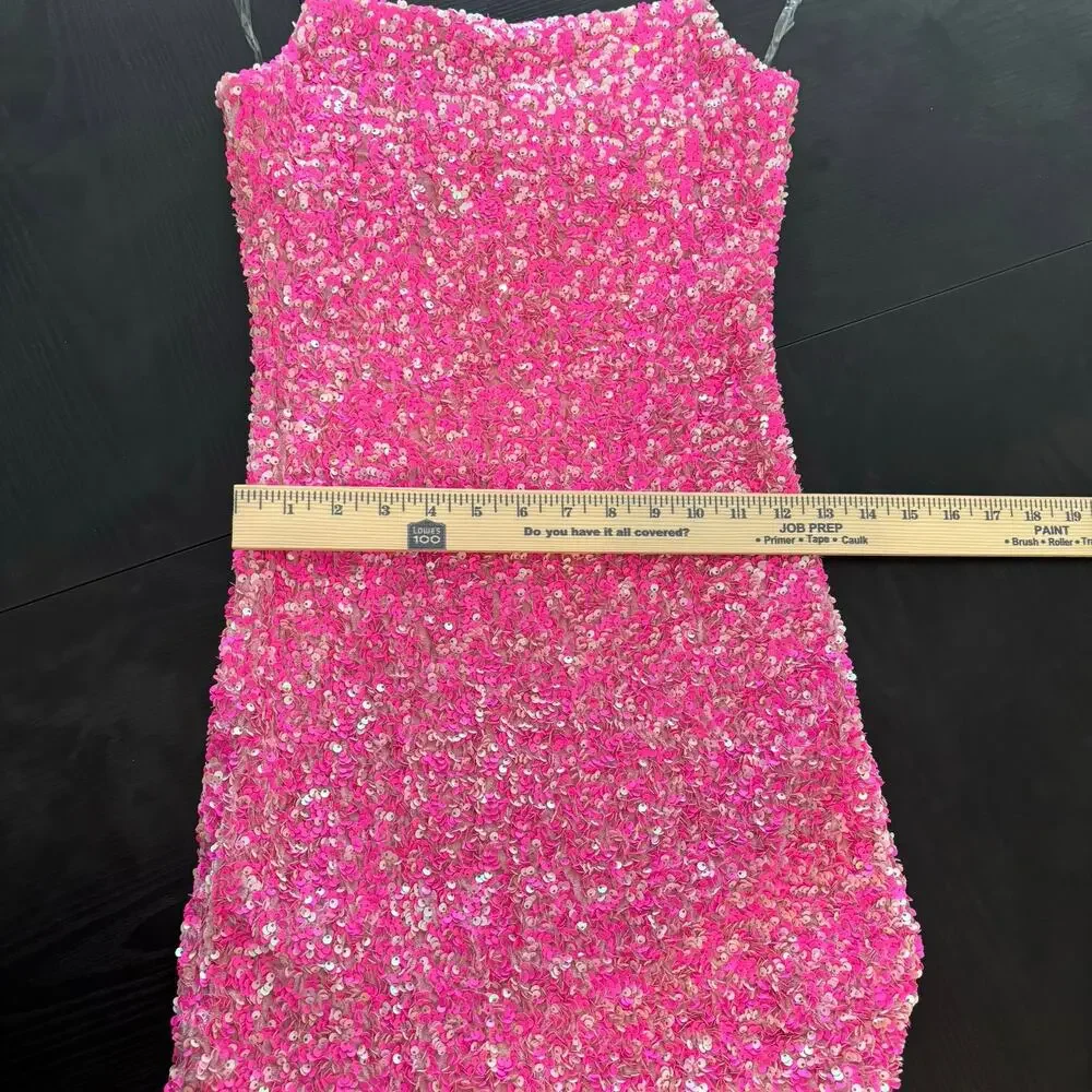 Allison & Kelly Hot Pink Sequin Mini Dress Bodycon Spaghetti Strap Party Small - Picture 12 of 12